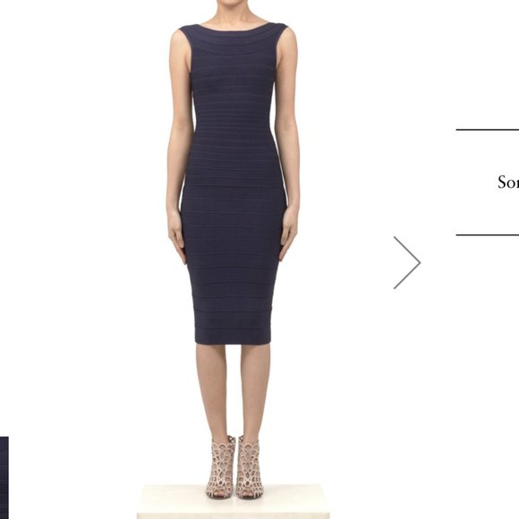 HERVE LEGER ARDELL BOAT-NECK BANDAGE DRESS in NAVY - Picture 2 of 8